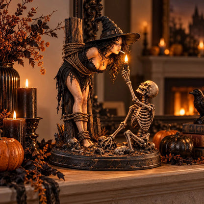🧙 🔥Witch & Skeleton Candle Scene Figurine – Dark Gothic Halloween Tabletop Decor