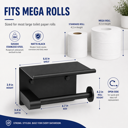 Toilet Paper Holder with Shelf – SUS304 Stainless Steel, Fits Mega Rolls, No-Drill Option