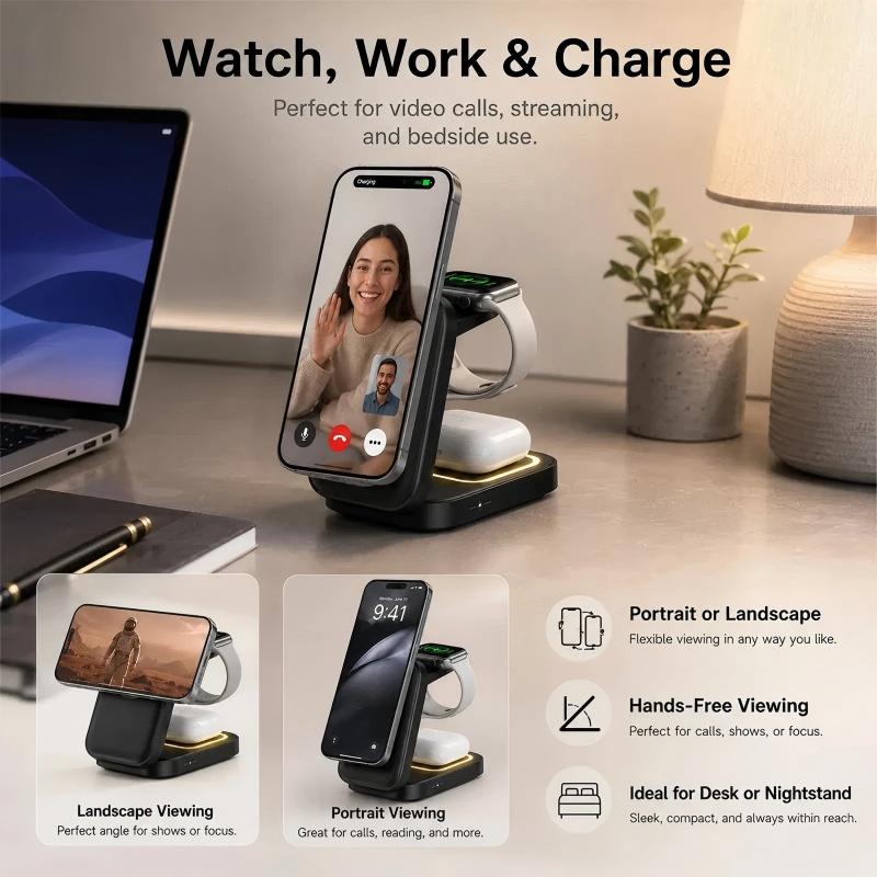 3 in 1 Foldable Magnetic Wireless Charging Station for Phone Watch Earbuds