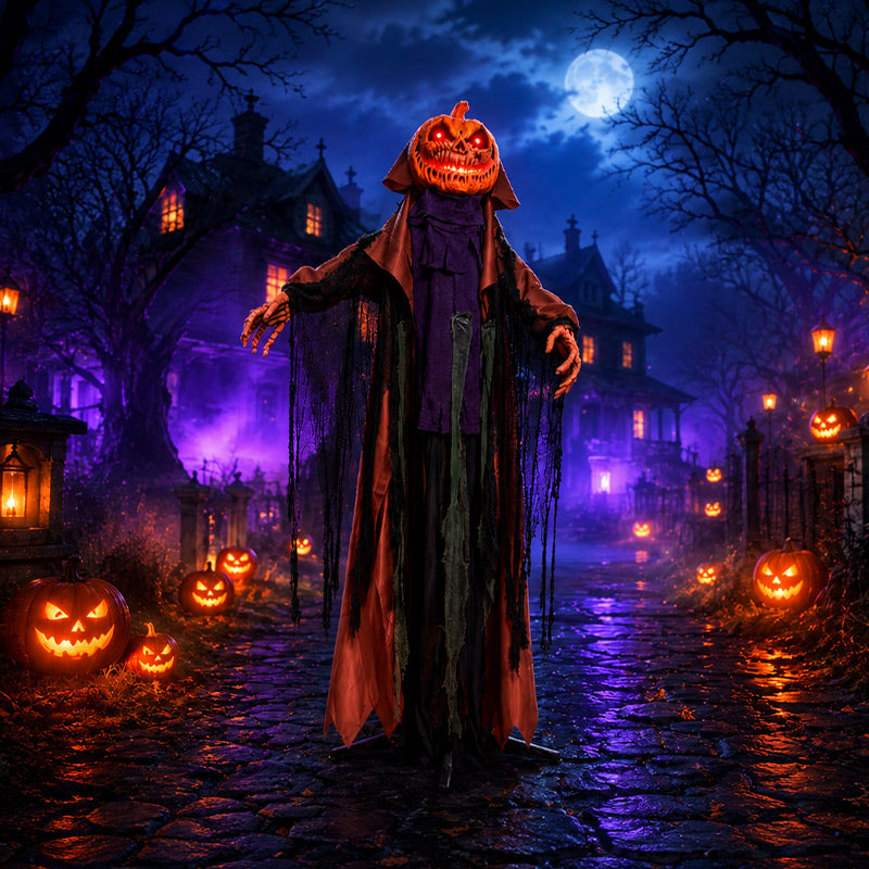 6.6FT Halloween Pumpkin Ghost with Red Glowing Eyes, Plays Sounds & Swings