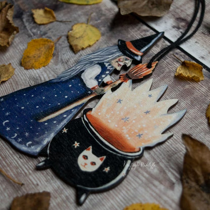 🎃Halloween Wooden witch with a cauldron hanging ornament