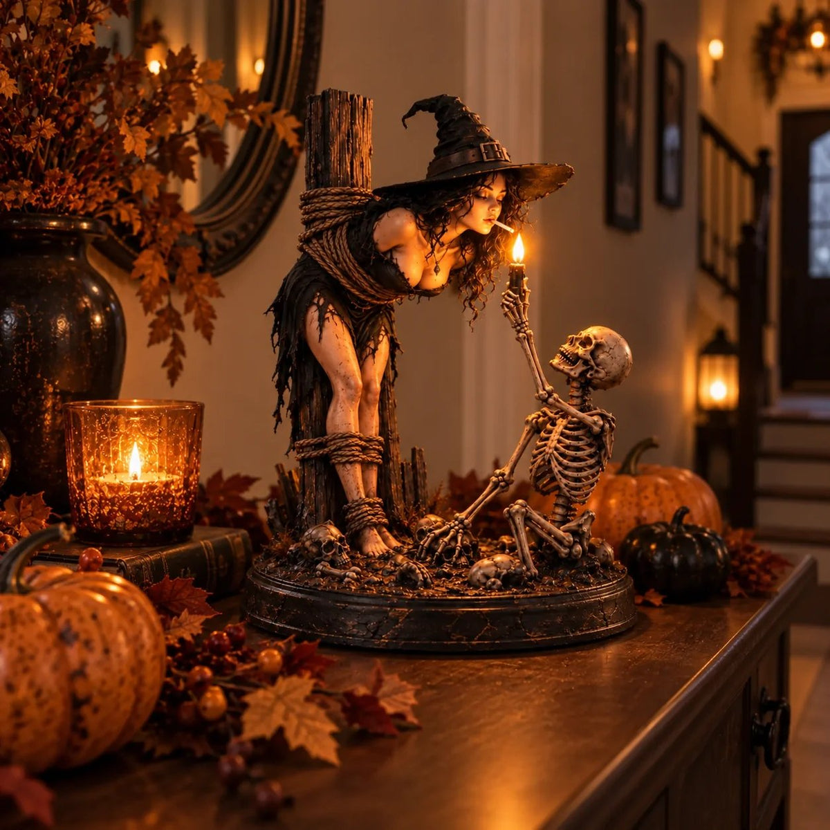 🧙 🔥Witch & Skeleton Candle Scene Figurine – Dark Gothic Halloween Tabletop Decor