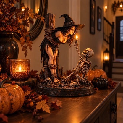 🧙 🔥Witch & Skeleton Candle Scene Figurine – Dark Gothic Halloween Tabletop Decor