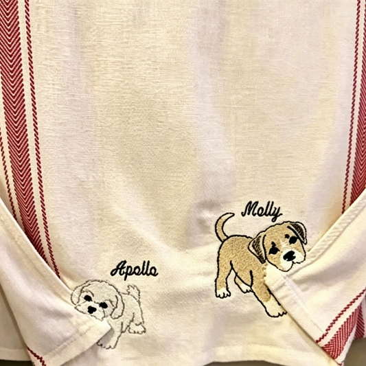 Striped Embroidered Puppy Towel, Cotton Kitchen Hand Tea Towel