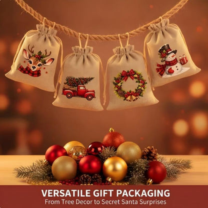 Rustic Christmas Burlap Drawstring Gift Bags