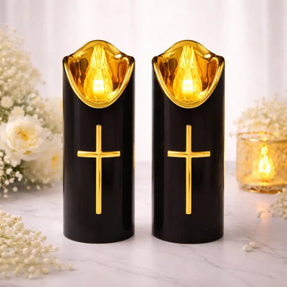 🕯️Flameless Pillar LED Candle with Gold Cross✝️Set of 2