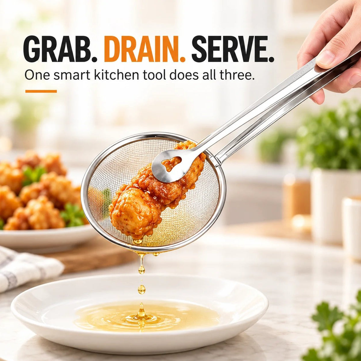 🔥 🔥2-in-1 Stainless Steel Strainer Tongs – Grab, Drain & Serve with One Tool