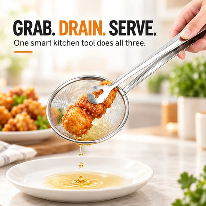 🔥 🔥2-in-1 Stainless Steel Strainer Tongs – Grab, Drain & Serve with One Tool