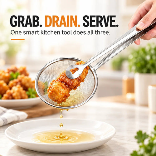 🔥 🔥2-in-1 Stainless Steel Strainer Tongs – Grab, Drain & Serve with One Tool