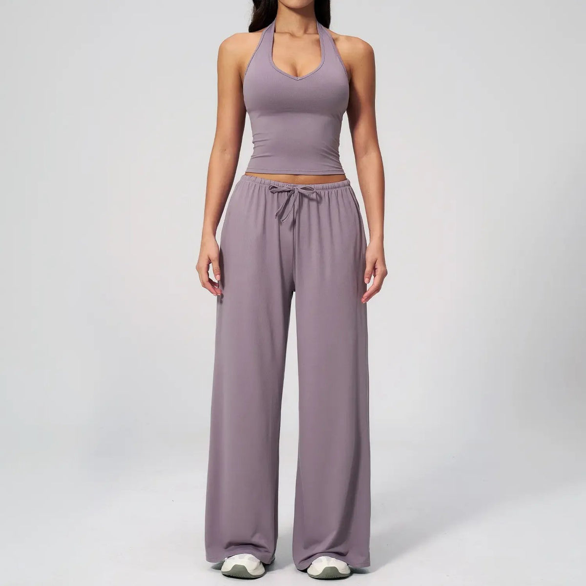 💖Hot 50% OFF✨ Women’s 2-Piece Silk-Like Lounge Set – V-Neck Strappy Top & Wide Leg Pants