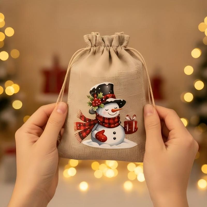 Rustic Christmas Burlap Drawstring Gift Bags