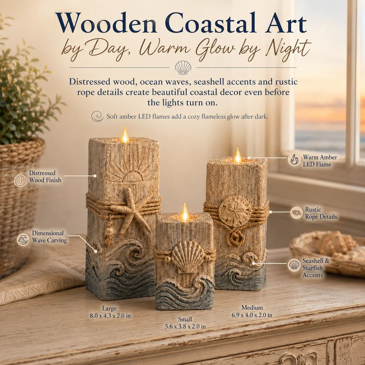 Coastal Wooden LED Candle Decor Set of 3 – Flameless Seashell Glow with Remote & Timer