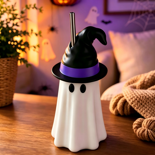 Halloween Spooky Ghost Cup Sleeve with Witch Hat, Reusable Drink Can Cover for 12oz 16oz Cans Tumbler, Halloween Party Decor