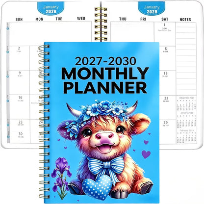2027–2030 Highland Cow Monthly Planner | 4-Year Spiral Calendar