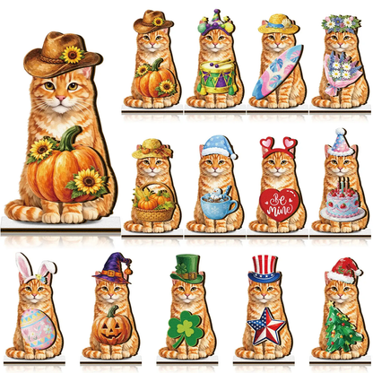 Pet Sign Gift Halloween Decor Cat Ornaments Wooden Sign Cat Desk Decor Interchangeable Pet Decor with Magnet Detachable Hats for Summer Halloween Autumn Holiday Seasonal Birthday Party, Gift for Pet Owning Families and Cat Lovers