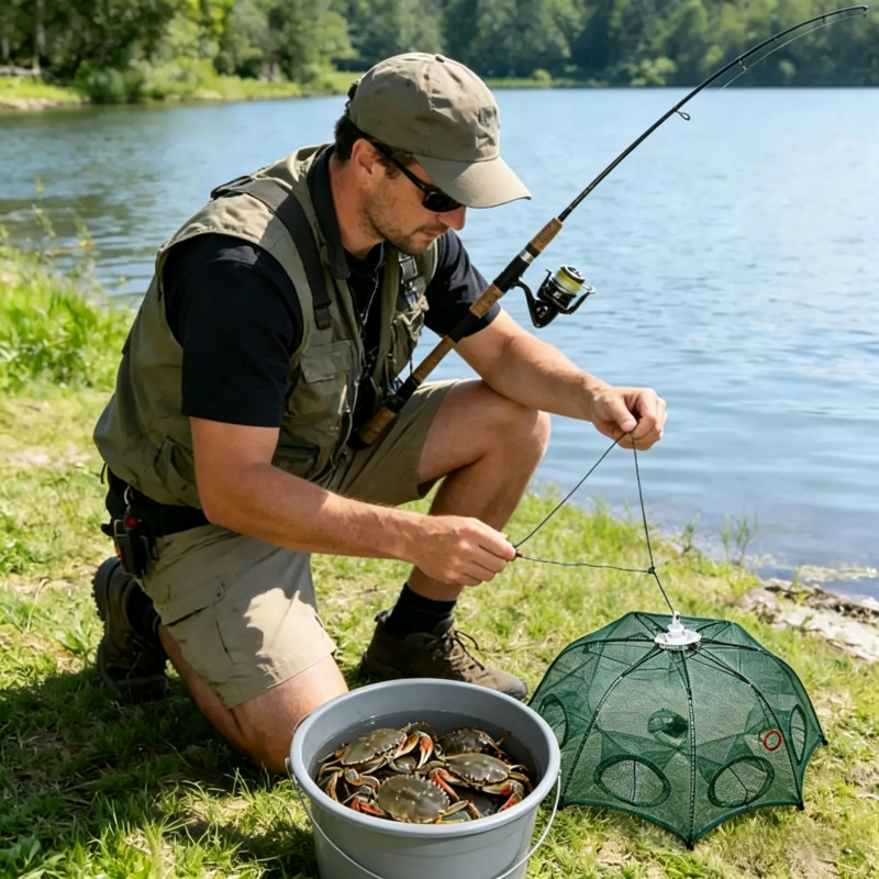 Foldable 6-Hole Entry Fishing Bait Trap Crab Net Cage