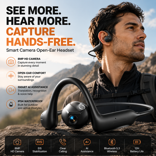 📸Smart POV Camera Headset – Hands-Free Video, Photos & Open-Ear Bluetooth Audio