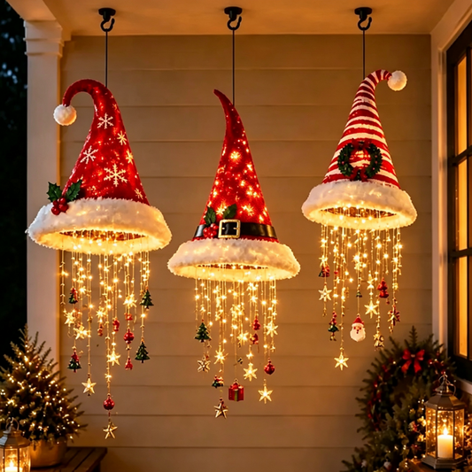 Christmas Hat Hanging Light, Tassel String Light with Ornaments, Outdoor Porch Christmas Decorations, Festive Hanging Pendant Lights for Yard, Window, Xmas Party Decor