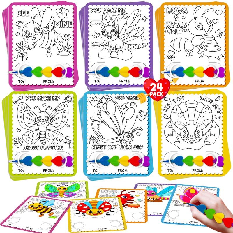 🎨❤️Valentine’s Day Stacking Heart Crayons & Coloring Cards – 🖍️🎁24‑Pack Classroom Exchange Set