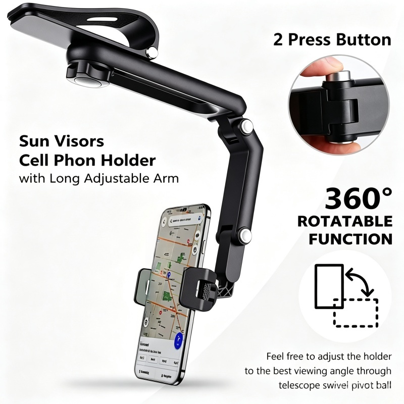 1080° Rotatable Car Sun Visor Phone Holder, Multi-Angle Adjustable Cell Phone Mount, Universal Clip on Phone Stand for Car Sunshade, Dashboard, Kitchen, Compatible with 4-6.5 Inch Smartphones
