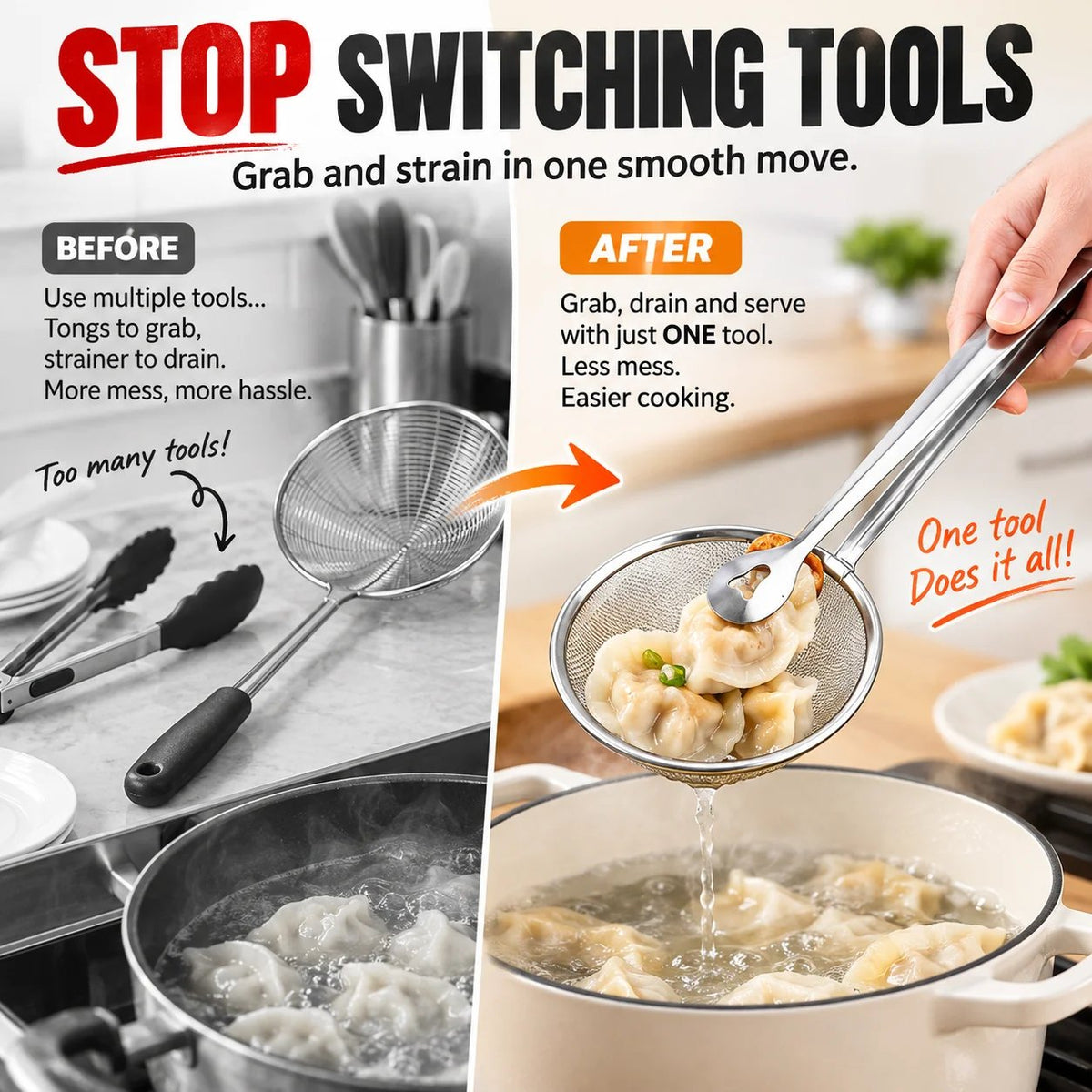 🔥 🔥2-in-1 Stainless Steel Strainer Tongs – Grab, Drain & Serve with One Tool