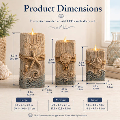 Coastal Wooden LED Candle Decor Set of 3 – Flameless Seashell Glow with Remote & Timer