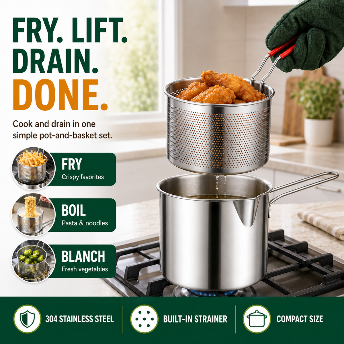 🔥Last Day 50% OFF - 🍟🏅🍟Personal Mini Deep Fryer Set – Stainless Steel Pot with Lift-Out Draining Basket & Food Tongs
