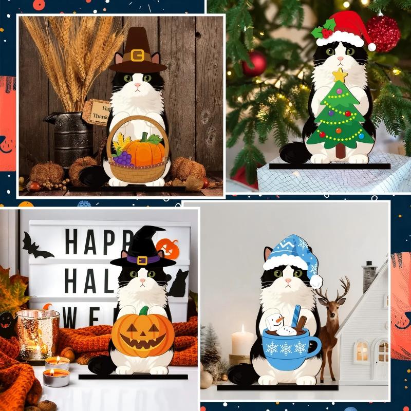 Pet Sign Gift Halloween Decor Cat Ornaments Wooden Sign Cat Desk Decor Interchangeable Pet Decor with Magnet Detachable Hats for Summer Halloween Autumn Holiday Seasonal Birthday Party, Gift for Pet Owning Families and Cat Lovers
