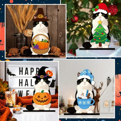 Pet Sign Gift Halloween Decor Cat Ornaments Wooden Sign Cat Desk Decor Interchangeable Pet Decor with Magnet Detachable Hats for Summer Halloween Autumn Holiday Seasonal Birthday Party, Gift for Pet Owning Families and Cat Lovers