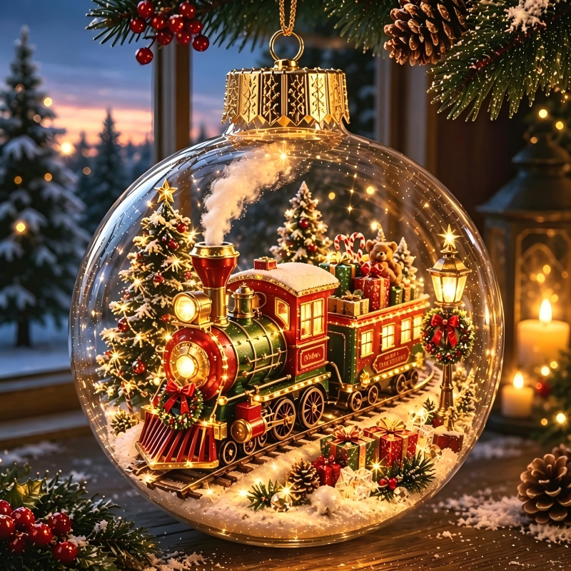 Light Up Christmas Ornament Ball, Acrylic Christmas Tree Hanging Decor, Xmas Scene Inside Bauble for Holiday Home Decor