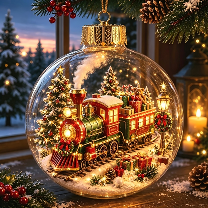 Light Up Christmas Ornament Ball, Acrylic Christmas Tree Hanging Decor, Xmas Scene Inside Bauble for Holiday Home Decor