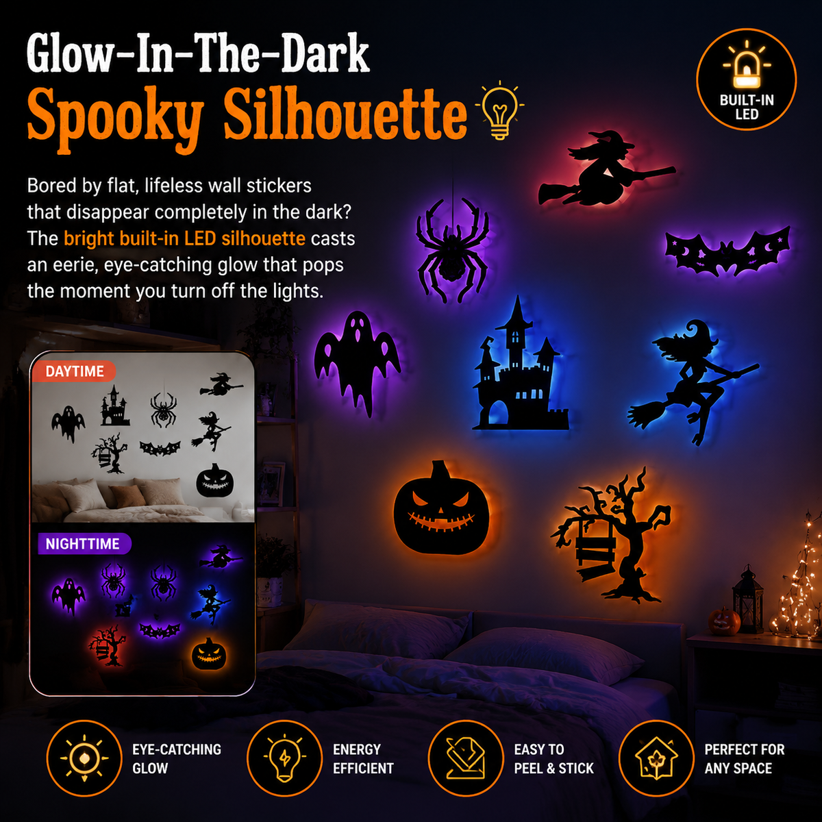Halloween LED Silhouette Wall Light Stickers, Battery Powered Peel & Stick Decor Lights🦇
