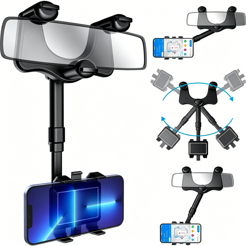 Rearview Mirror Phone Mount, Adjustable Rotatable Car Cell Phone Holder for All Smartphones