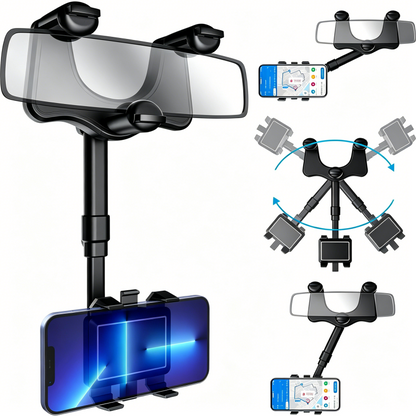 Rearview Mirror Phone Mount, Adjustable Rotatable Car Cell Phone Holder for All Smartphones