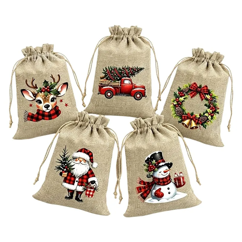 Rustic Christmas Burlap Drawstring Gift Bags
