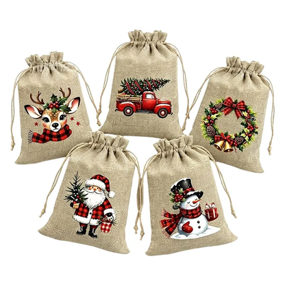 Rustic Christmas Burlap Drawstring Gift Bags