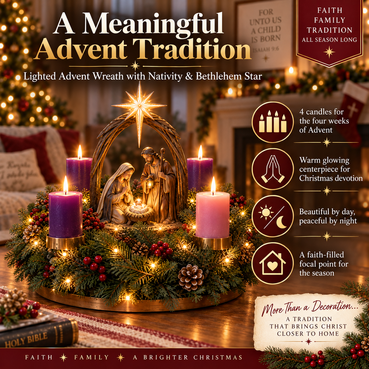 ✝️ Lighted Nativity Advent Wreath – A Sacred 4-Week Christmas Tradition🕯️