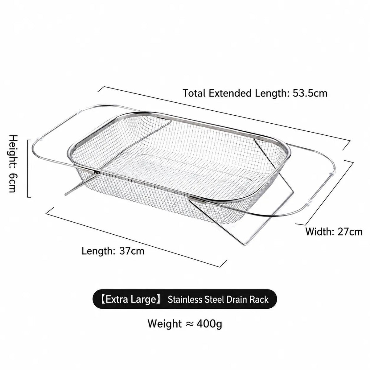 Stainless Steel Over-The-Sink Colander Strainer Basket, Expandable Rectangle Fine Mesh Kitchen Utensils with Handles, Silver Kitchen Essential