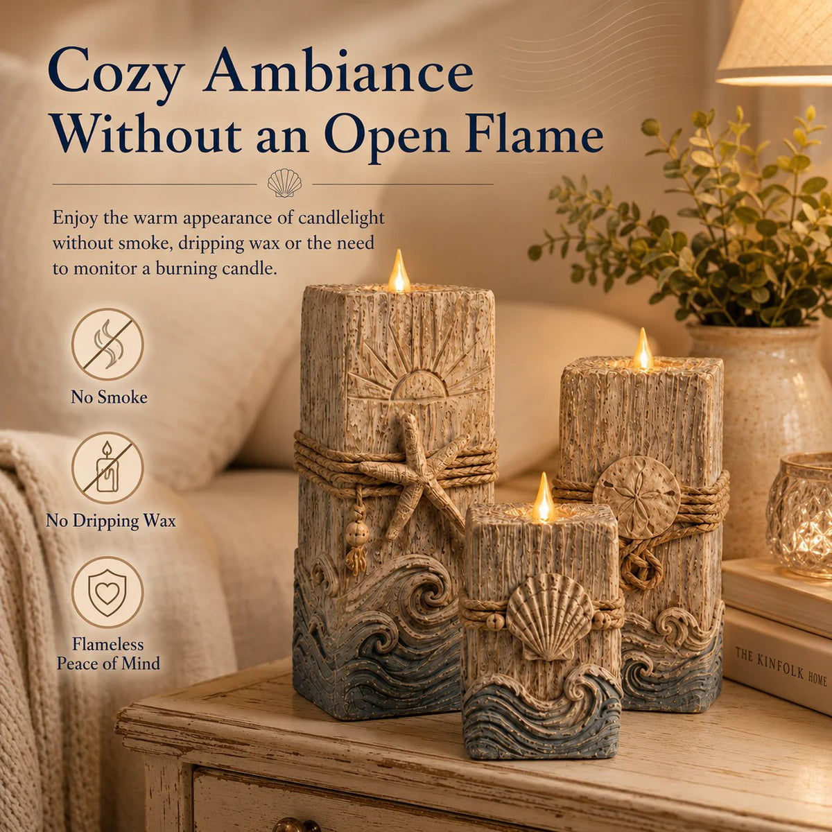 Coastal Wooden LED Candle Decor Set of 3 – Flameless Seashell Glow with Remote & Timer