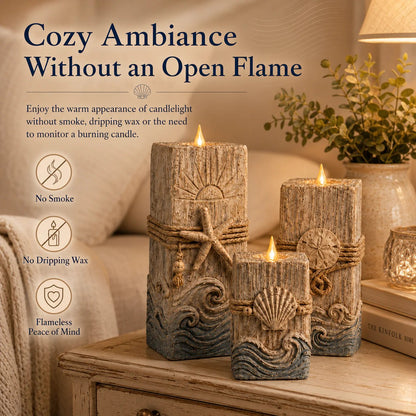 Coastal Wooden LED Candle Decor Set of 3 – Flameless Seashell Glow with Remote & Timer