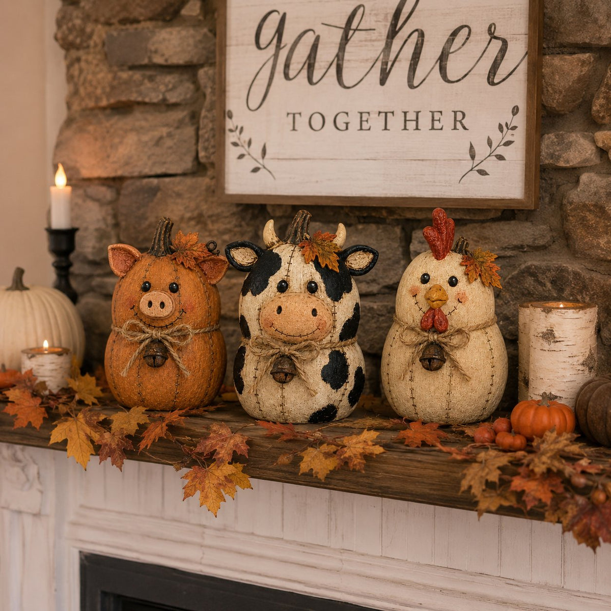 Rustic Farm Pumpkin Friends – Cow Pig Chicken Fall Decor Set