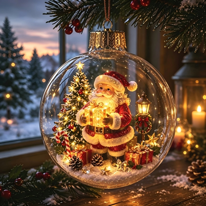 Light Up Christmas Ornament Ball, Acrylic Christmas Tree Hanging Decor, Xmas Scene Inside Bauble for Holiday Home Decor