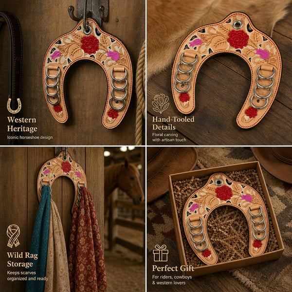 🔥LAST DAY 60% OFF 🤠Handcrafted Leather Horseshoe Wild Rag Holder | Western Scarf & Bandana Organizer