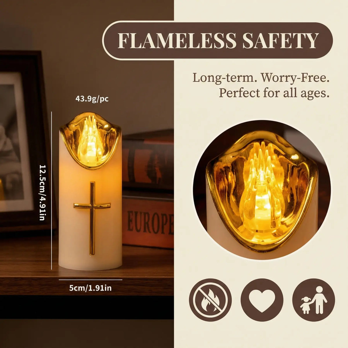🕯️Flameless Pillar LED Candle with Gold Cross✝️Set of 2