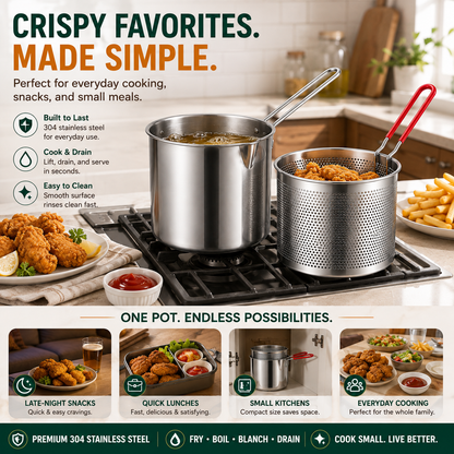 🔥Last Day 50% OFF - 🍟🏅🍟Personal Mini Deep Fryer Set – Stainless Steel Pot with Lift-Out Draining Basket & Food Tongs