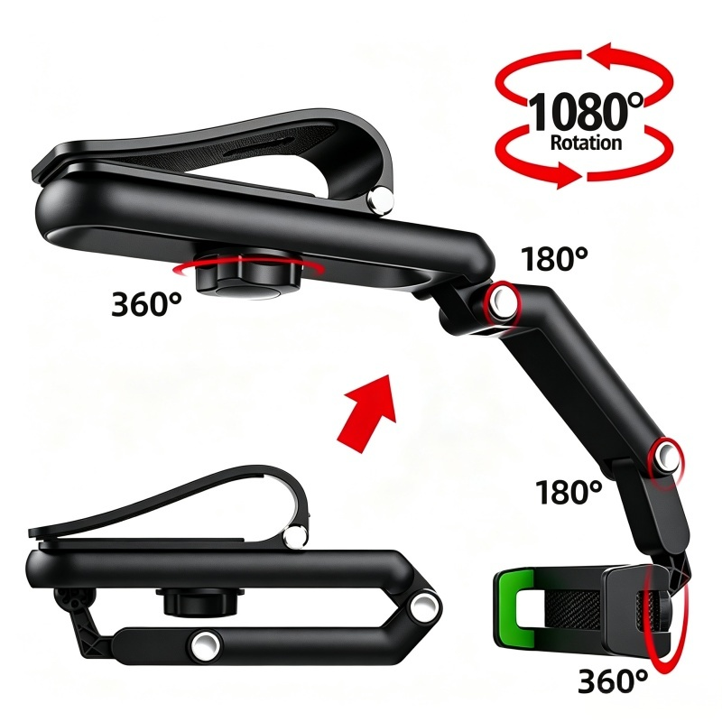 1080° Rotatable Car Sun Visor Phone Holder, Multi-Angle Adjustable Cell Phone Mount, Universal Clip on Phone Stand for Car Sunshade, Dashboard, Kitchen, Compatible with 4-6.5 Inch Smartphones