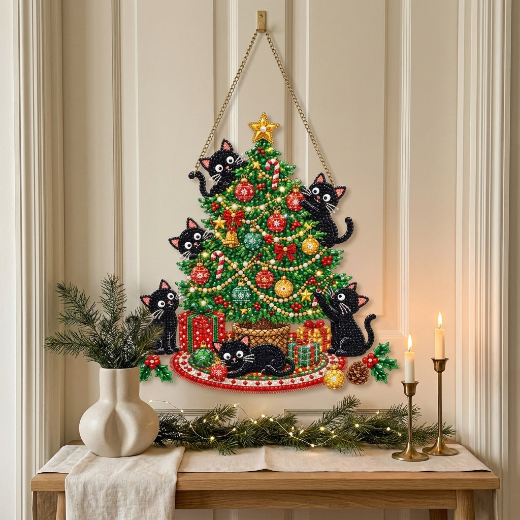 Black Cat Christmas Tree Diamond Art Hanging Ornament Kit