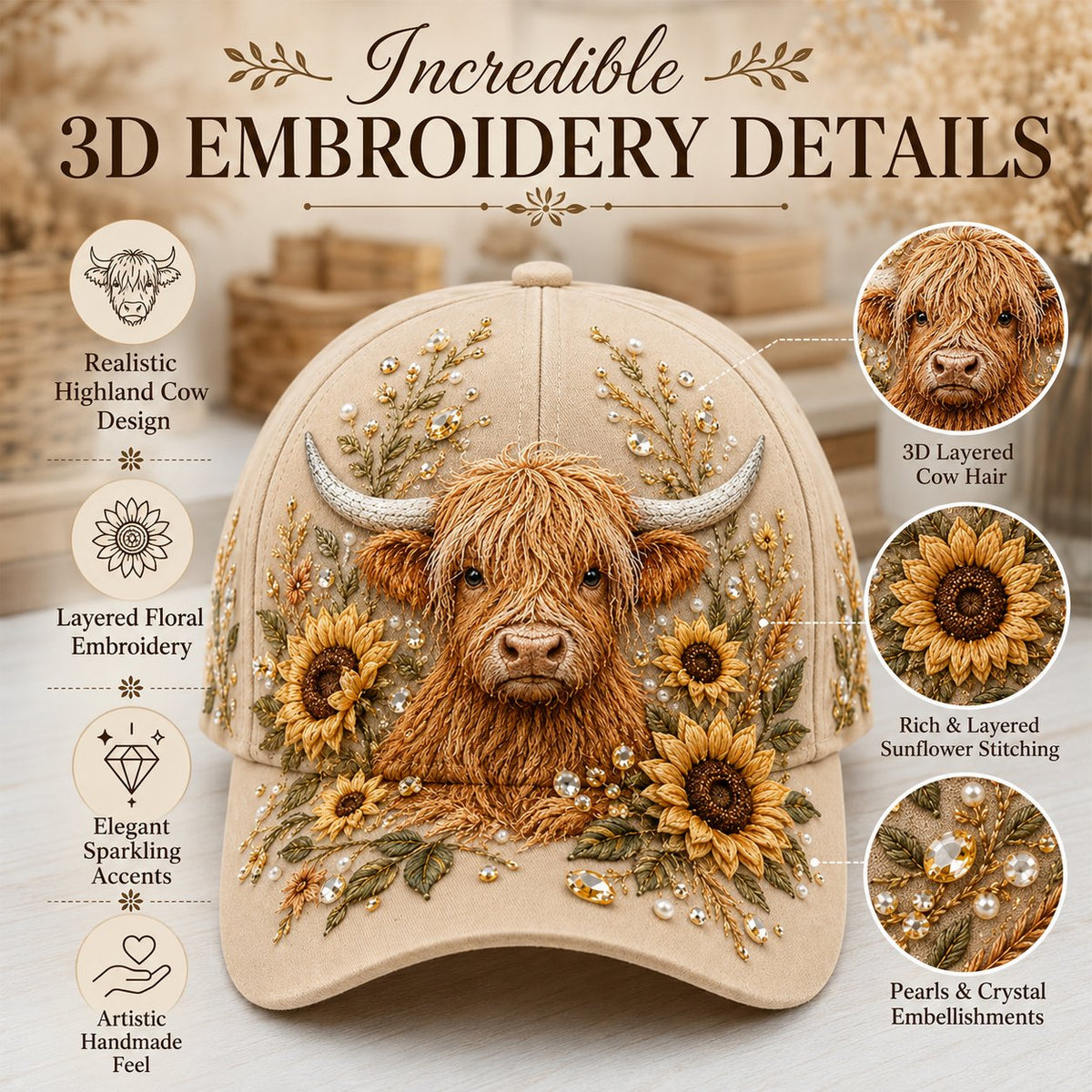 🔥LAST DAY 49% OFF - 🦬3D Highland Cow Embroidery Cap🧢