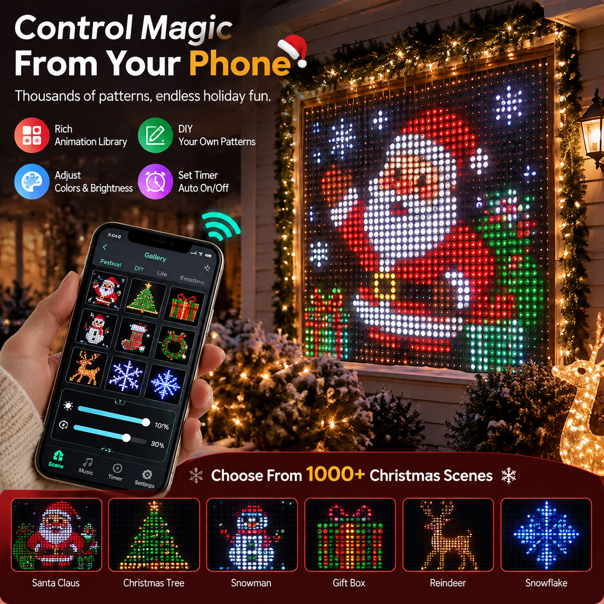 🎄 Smart LED Curtain Lights | App-Controlled Animated Christmas Wall Display ✨