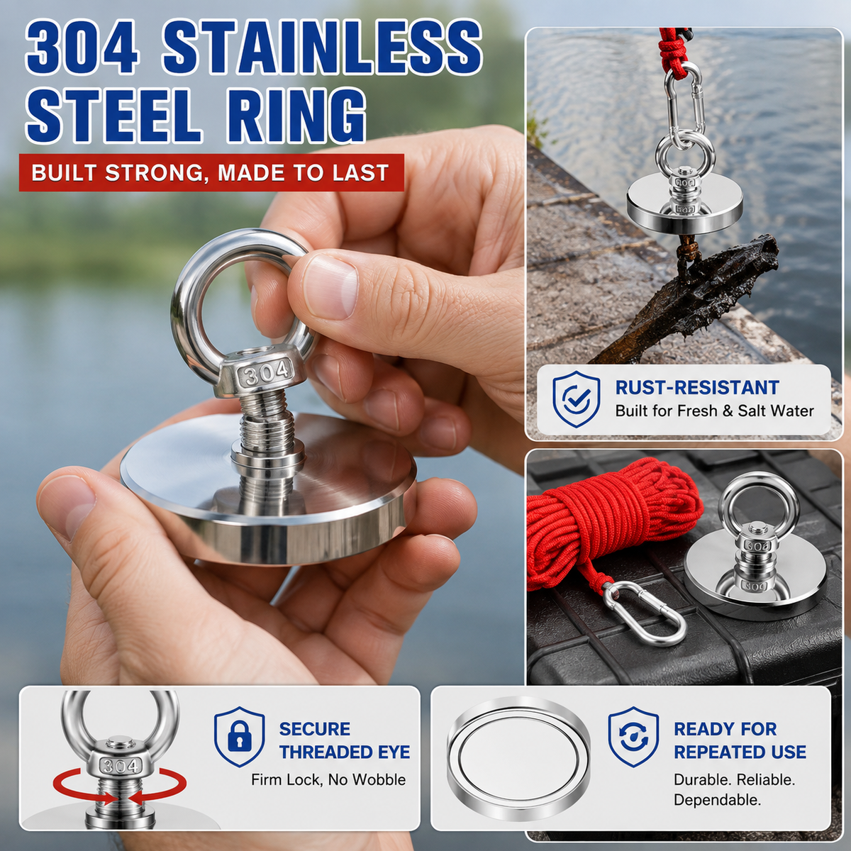 🔥🛠️Heavy Duty Fishing Magnet,Magnet with Countersunk Eyebolt